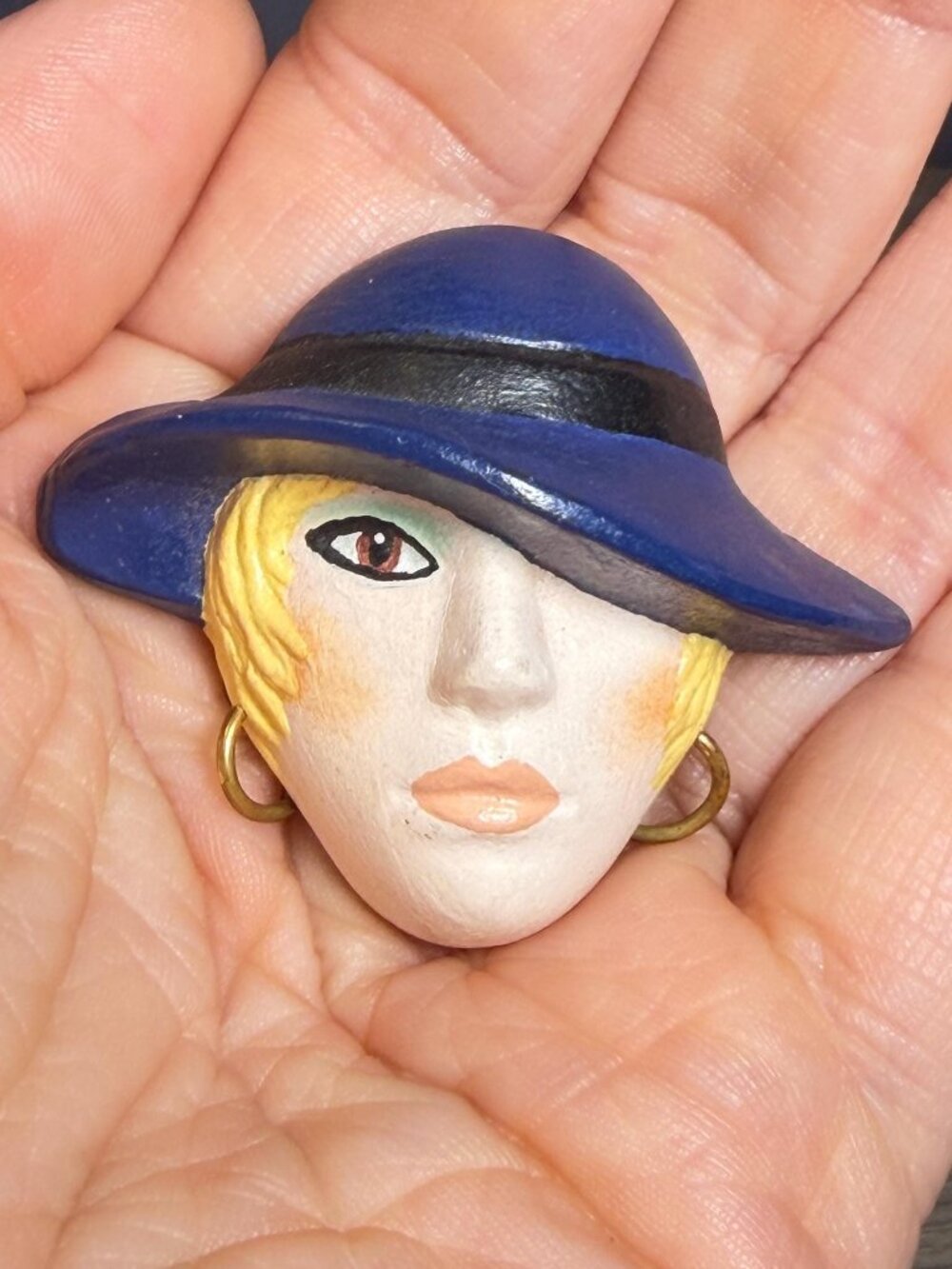 Vintage Handmade Lady Face Brooch Blue Hat Painted Art Brooch